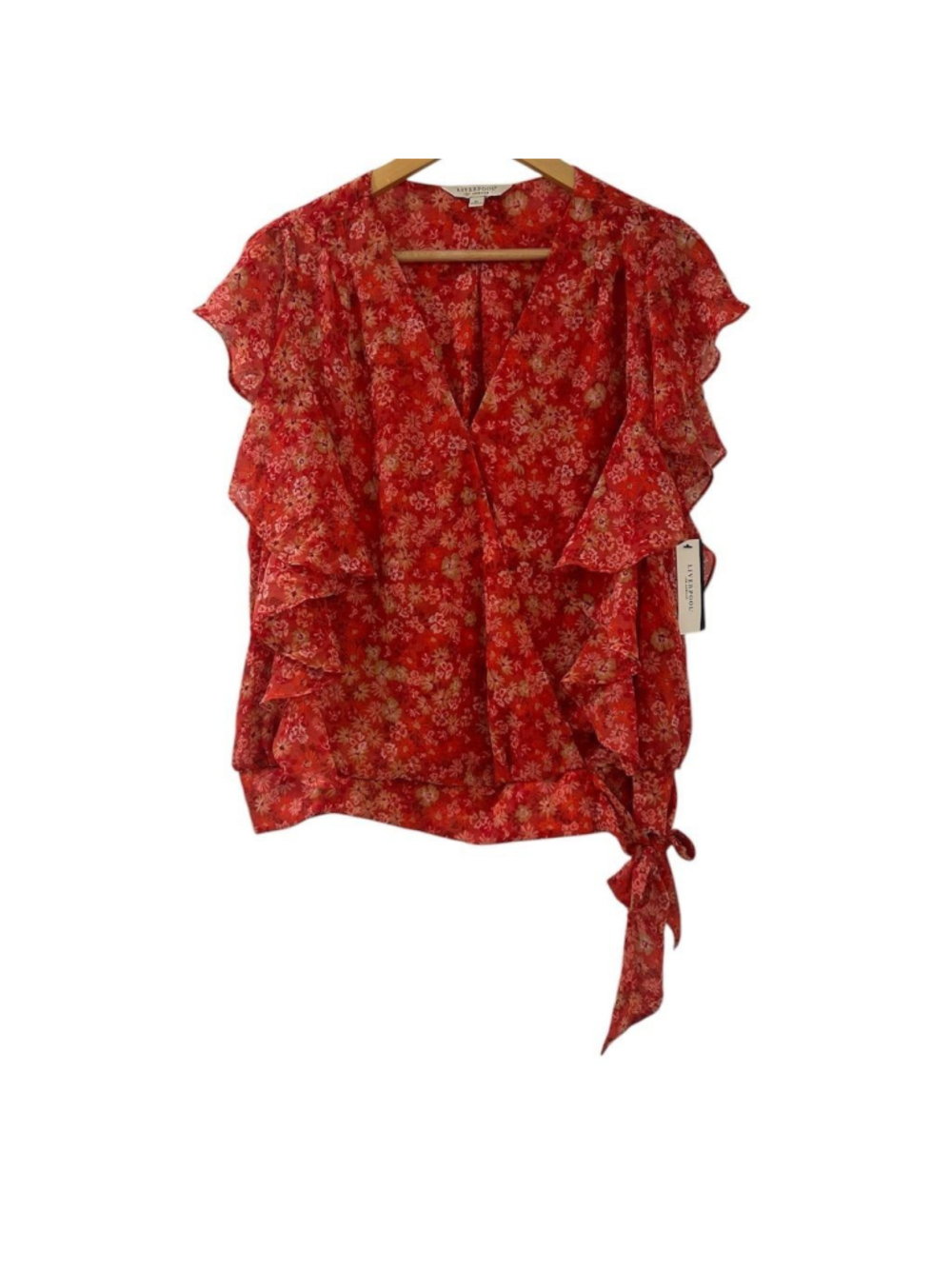 Liverpool Top Women's Size S Floral V-Neck Blouse Red Sleeveless Fringe Bow NEW